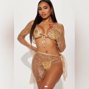 Fashion Nova Stella Gold Sequin Swim Cover Up Set Size 2XL NWT